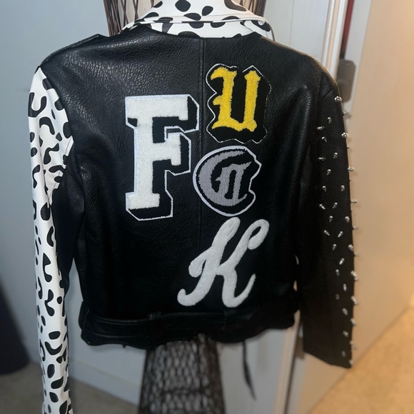 Black and White Leather Jacket with Studded Sleeves - Picture 7 of 9